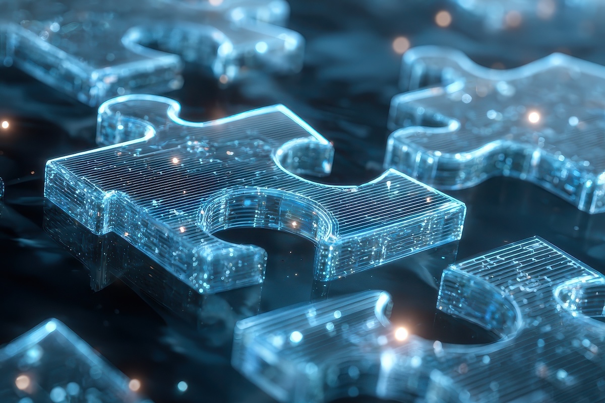 digital puzzle pieces interlocking seamlessly glowing against a futuristic blue abstract background symbolizing the concept of api integration